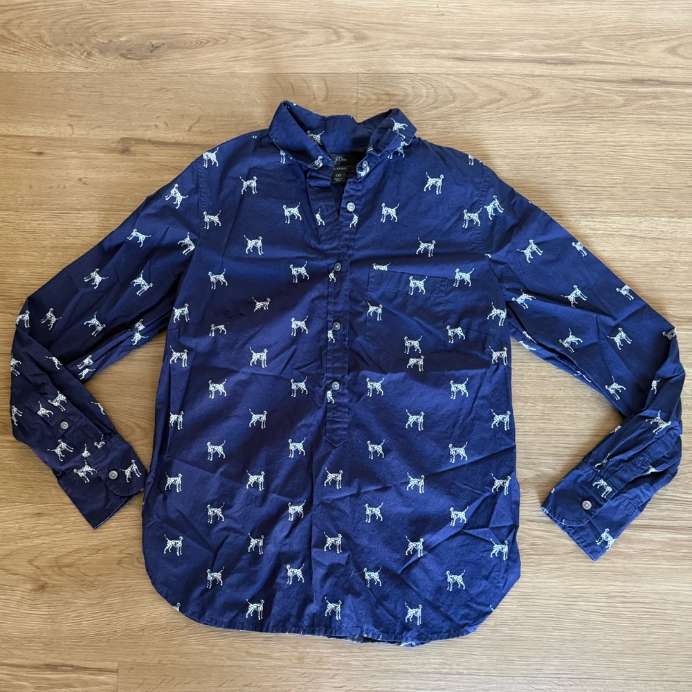 J. Crew Classic Navy Button Down Shirt Dalmatian Dog Pattern Size XS